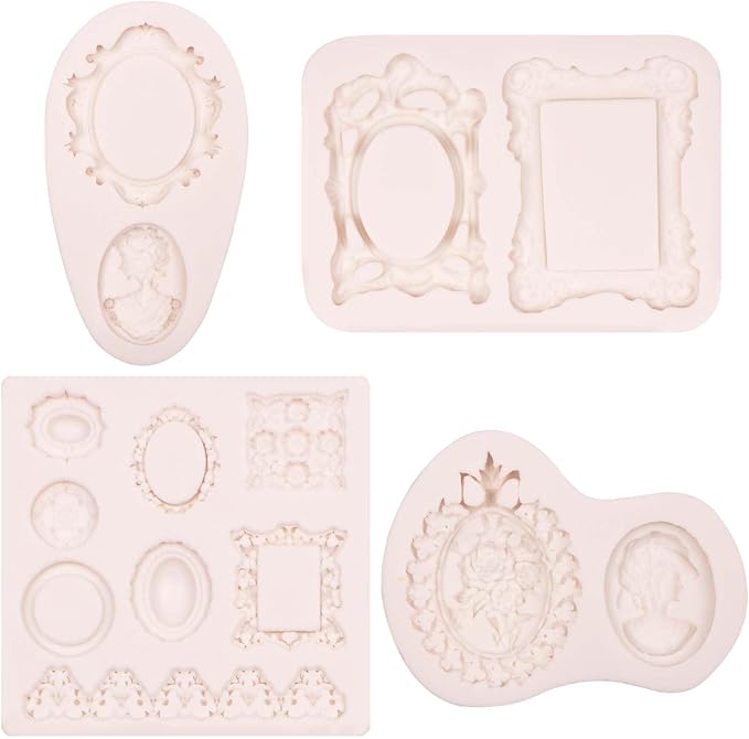 Frame Molds Fondant Silicone, 4 Packs Photo Frame Baroque Vintage Jewel Silicone Chocolate Molds, for Cake Mirror Frames Decoration, Cupcake Toppers, Resin Clay Sugar Gum Paste Polymer