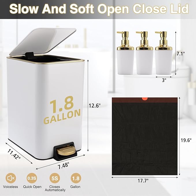 Small Bathroom Trash Can with Lid Soft Close, 1.8 Gallon Stainless Steel Garbage Can with Removable Inner Bucket,3PCS Soap Dispenser,75Count Trash Bag, Slim Step Pedal Trash Bins