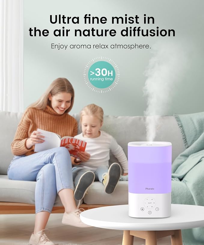 Humidifiers for Bedroom Home, 3.5L Top Fill Air Cool Mist Humidifiers for Baby Large Room Indoor Plants Nursery, Night Light, White