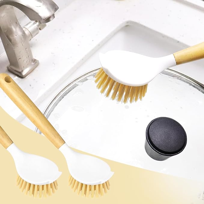 2 Pack Kitchen Scrub Brushes for Cleaning Dish Brush with Handle for Pans, Pots, Kitchen Sink Cleaning Scrub Brushes (Wooden Handle)
