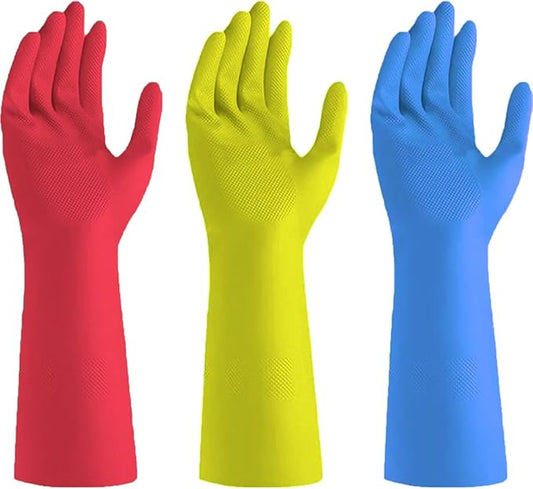 Reusable Latex Dishwashing Gloves – 3 Pairs Waterproof Non-Slip Kitchen Cleaning Gloves, Medium Size Dish Gloves for Women, Flexible and Durable (Red+Yellow +Blue) Medium