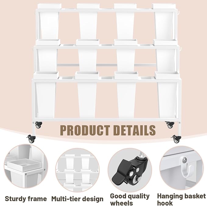 Flower Cart Display Stand with Buckets & Wheels – 3-Tier Mobile Flower Bar Cart for Shops, Weddings, Garden, and Home – Includes 12 Buckets & 4 Hooks