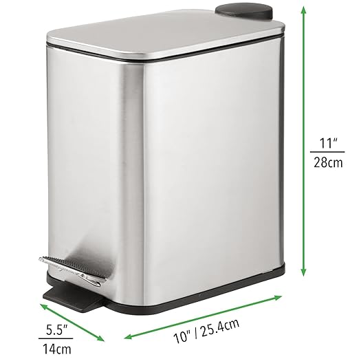 mDesign Slim Metal Rectangle 1.3 Gallon/5 Liter Trash Can with Step Pedal, Easy-Close Lid, Removable Liner - Narrow Wastebasket Garbage Container Bin for Bathroom, Bedroom - Brushed Stainless Steel