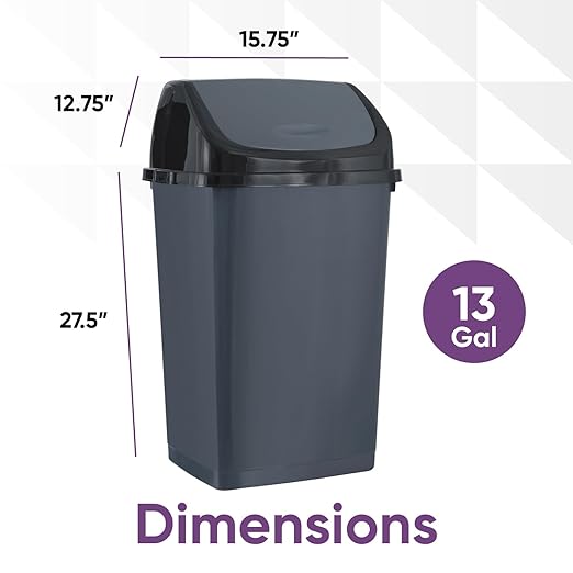 Superio Kitchen Trash Can 13 Gallon with Swing Lid, Plastic Tall Garbage Can Outdoor and Indoor, Large 52 Qt Recycle Bin and Waste Basket for Home, Office, Garage, Patio, Restaraunt (Grey/Black)