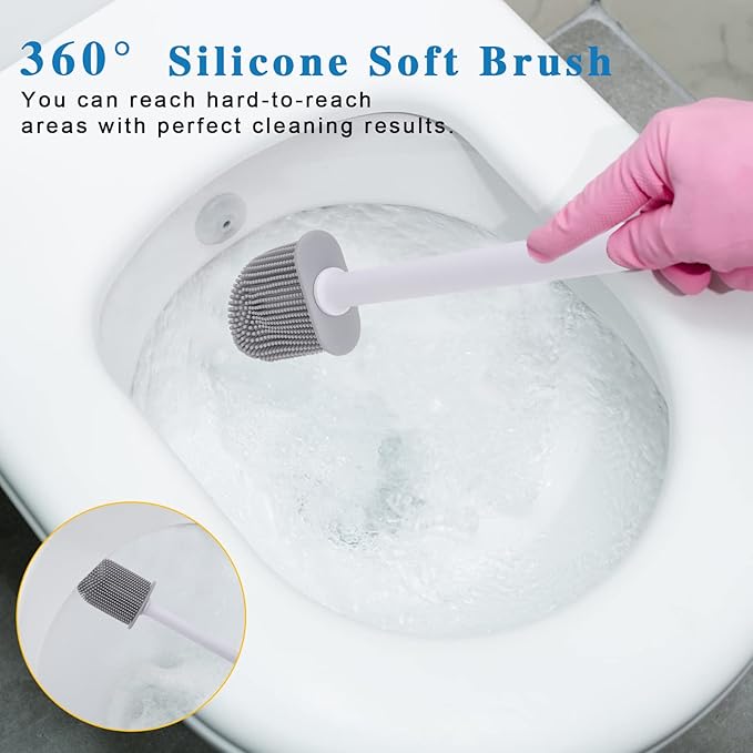 Silicone Toilet Brush and Holder Bendable Efficient Cleaning Wall Mounted Toilet Bowl Brush with Long Handle Brush Head and Silicone Bristles No Rusty Handles Problem (White)