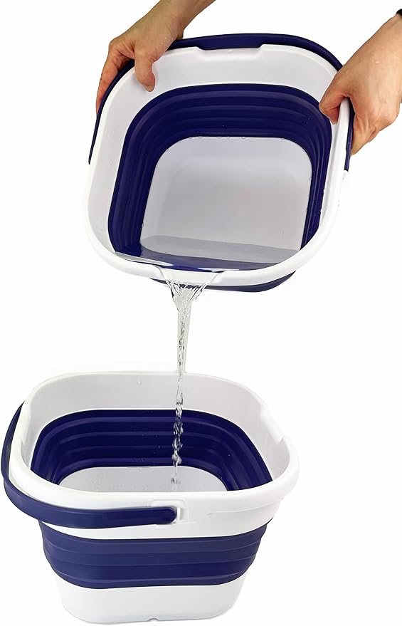 SAMMART 9.5L (2.5 Gallon) Collapsible Rectangular Handy Basket/Bucket (White/Navy Blue)