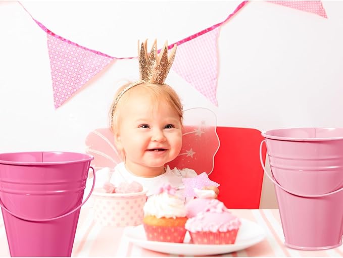 Sadnyy 12 Pack Metal Buckets with Handle, Galvanized Bucket 4.5 x 5 Inch Basket Bucket Party Supplies, Crafts for Christmas Halloween Candy Bars Vase Crafts(Pink)