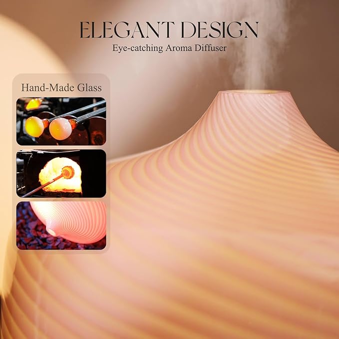 Porseme 500ml Glass Essential Oil Diffuser Aromatherapy Ultrasonic Cool Mist Humidifier 15-21 Running Hours Waterless Auto-Off Air Diffusers for Sleeping Yoga Office Working Spa and Rest (Pure Pink)