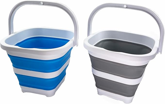 SAMMART Collapsible Rectangular Cleaning Bucket 5L (1.3 Gallon)- Foldable Camping Beach Sand Water Pot Pail- Portable Space Saving Tub for Household, Outdoor Car Washing (Grey + Sky Blue (Set of 2))