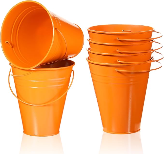 Sadnyy 6 Pack Galvanized Bucket, 5" Metal Bucket with Handles, Metal Buckets and Pails, Kids Party Supplies, Toy Container Table Centerpiece Decoration(Orange)