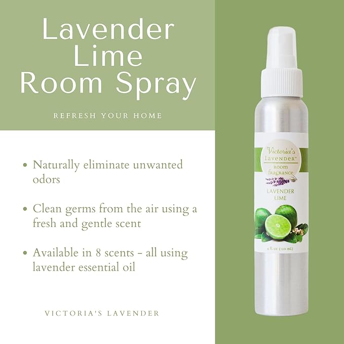 Victoria's Lavender Lime All-Natural Home Atmosphere Spray, Made in the USA, Essential Oil Concentrated Air Freshener, Bathroom Odor Eliminator, Luxury Room Spray, 4 oz