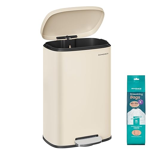 SONGMICS 13 Gallon (50 L) Trash Can, Stainless Steel Kitchen Garbage Can, Recycling or Waste Bin, Soft Close, Step-On Pedal, Removable Inner Bucket, Sand Beige ULTB050A01