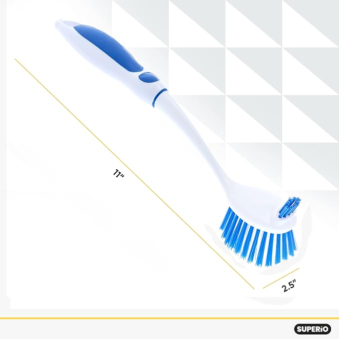 Dish Washing Scrubber Vegetable Brush - Blue / White 2 Sided Bristles - Long Handle With Rubber Grip Non Scratch Kitchen and Bath Cleaning By Superio