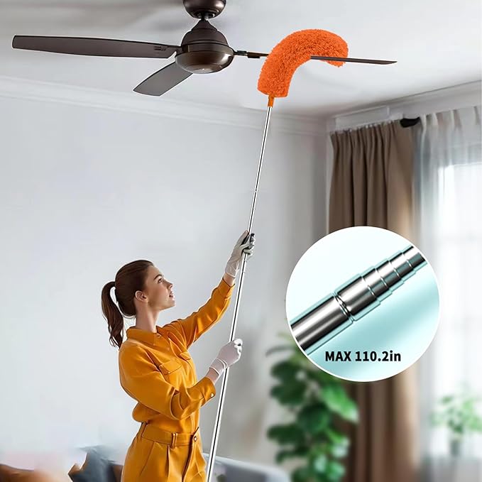 Cobweb Duster with Extension Pole,Cleaner Outdoor 110" Telescoping Extended Sspider Brush, Dusting Kit,Long Handle Reach for High Ceilings and Fans,Microfiber Webster Remover Tools Feather Dusters