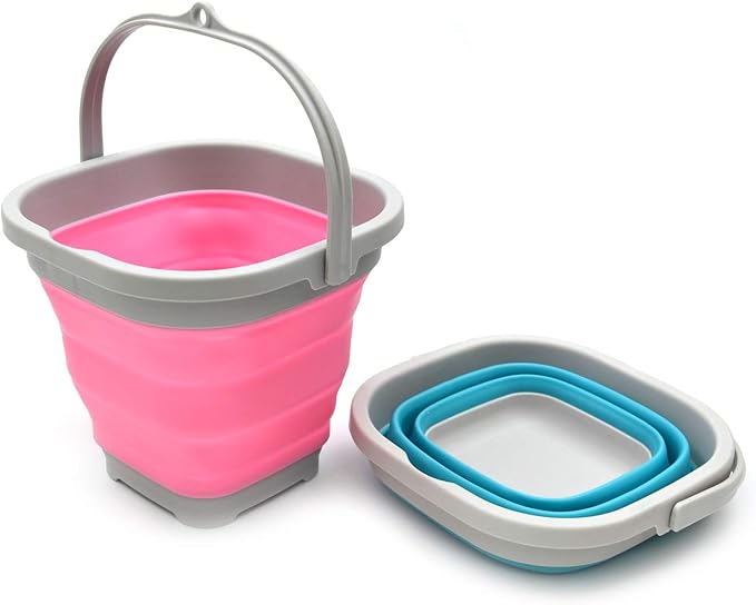 SAMMART Set of 2-2.6L (0.68 Gallon) Super Mini Sqare Collapsible Plastic Bucket - Foldable Square Tub - Portable Fishing Water Pail - Space Saving Outdoor Waterpot (2, Pink + Bright Blue)