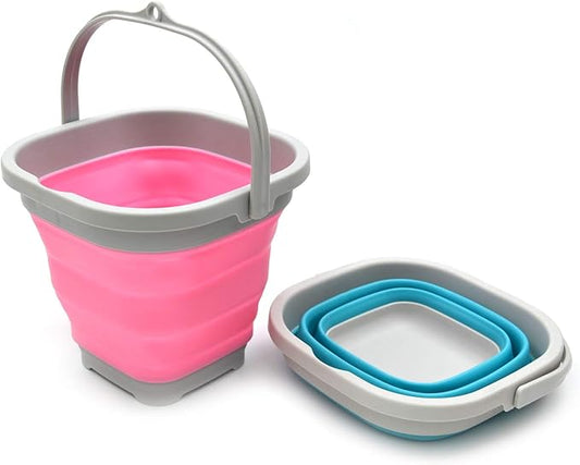 SAMMART Set of 2-2.6L (0.68 Gallon) Super Mini Sqare Collapsible Plastic Bucket - Foldable Square Tub - Portable Fishing Water Pail - Space Saving Outdoor Waterpot (2, Pink + Bright Blue)