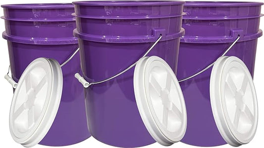 House Naturals 5 Gallon Purple Food Grade BPA Free, Made in USA, Plastic Bucket with Screw On Air Tight lid, (Pack of 3) (Purple Buckets with White Lids)