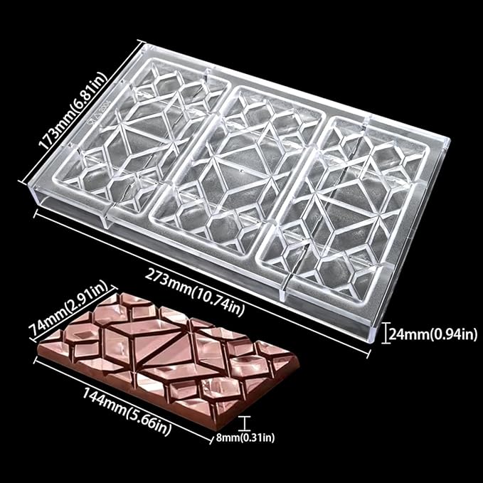 TUKE Polycarbonate Chocolate Molds Rectangle Shape 3D Pattern Chocolate Bar Mold 3 Pack Durable & Flexible Candy Moulds for Homemade Chocolates, Baking & Desserts - BPA-Free (E_ Rectangle)