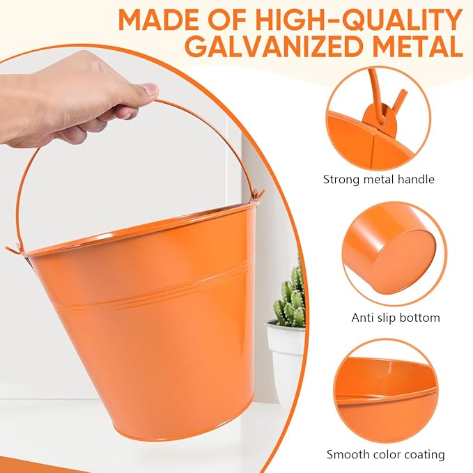 OBTANIM 7 Pack Orange Metal Buckets with Handle Galvanized Ice Pails for Plants, Succulents, Party Favors Organizing, Rustic Home Decor or Classrooms Pencil Storage (9.1 x 6.7 inch)