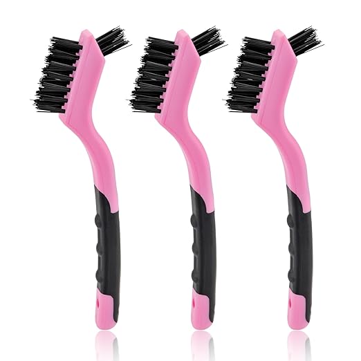 MAXMAN Small Cleaning Brush, Nylon Cleaning Brush 3-Pack, Hard Bristle Crevice Cleaning Brush, 7" Deep Clean Detailing Tools, Small Cleaning Brushes for Tight Spaces, Soft Nylon Bristles Brush, Pink