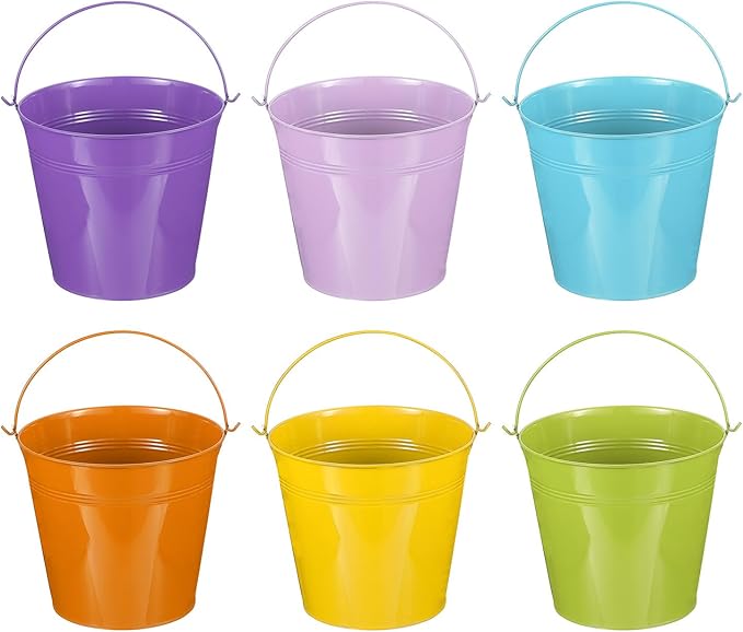 PATIKIL 7"x6.4" Small Metal Buckets with Handle, 6 Pcs Mini Bucket Colorful Easter Buckets for Crafts Party Favors Decoration, Green/Yellow/Orange/Blue/Light Purple/Dark Purple
