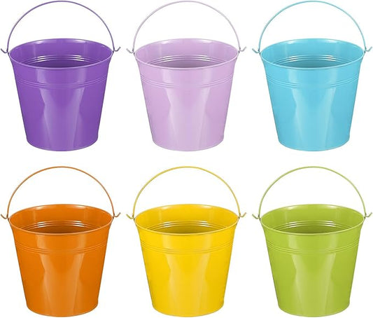 PATIKIL 7"x6.4" Small Metal Buckets with Handle, 6 Pcs Mini Bucket Colorful Easter Buckets for Crafts Party Favors Decoration, Green/Yellow/Orange/Blue/Light Purple/Dark Purple