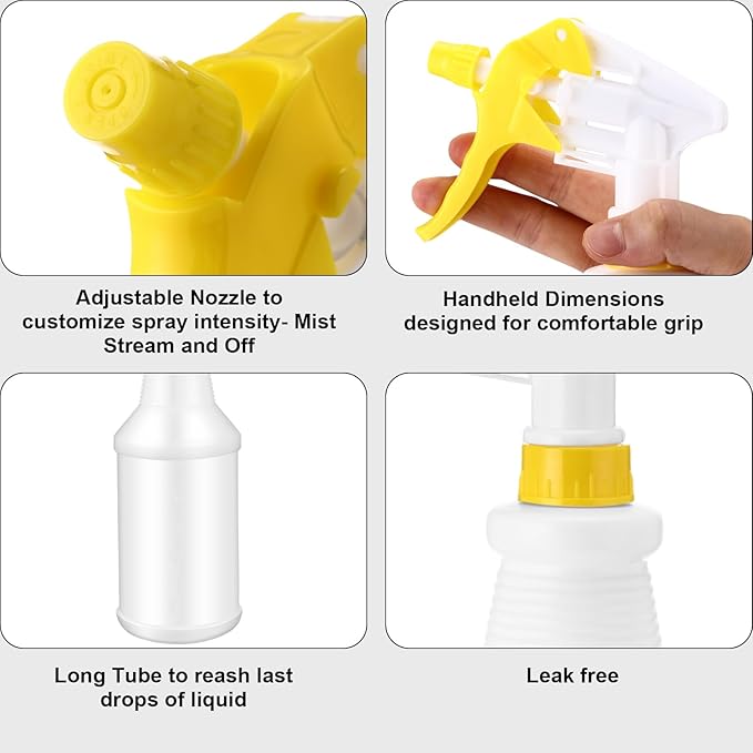 Gerrii 12 Pcs Plastic Spray Bottles with Adjustable Nozzle and Label for Cleaning 24 oz Anti Leak HDPE Spraying Bottles Empty Water Squirt Bottle(Red, Yellow)
