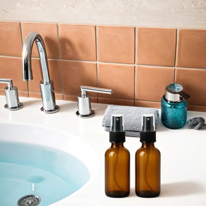 2 Oz Pack of 2 Glass Spray Bottles-Use to Store for Essential Oils, Perfumes,Face Mist, Fragrances, Water Size, Amber Glass Spray