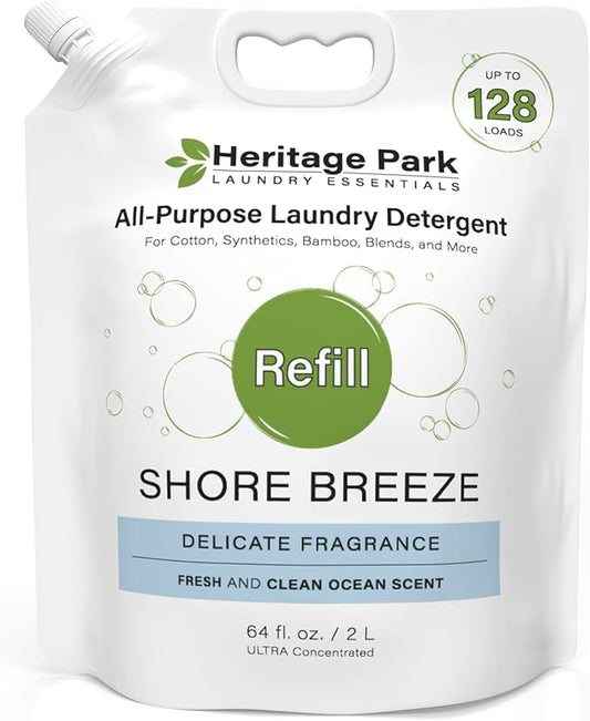 Heritage Park All-Purpose Shore Breeze, Lightly Scented, pH-Neutral Laundry Detergent - Stain-Fighting Enzymes, Ultra Concentrated (64 fl oz Refill Pouch)