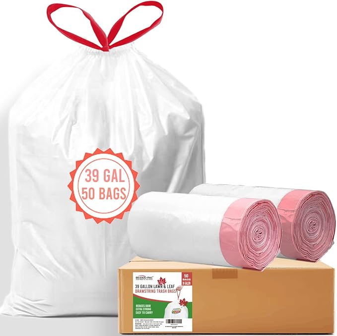 39 Gallon Lawn & Leaf Trash Bags Drawstring, 50 Count, Heavy Duty White & Unscented Plastic Bags, Multi-purpose Garbage Bags for Home Commercial, Outdoor, Construction, Industrial