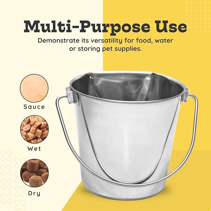 9 Quart Stainless Steel Flat Side Bucket | Durable Heavy Duty Food & Water Feeding Pails for Dog Goat Sheep horse | Fits kennels Cage Critter Crates Hanging Pet Pail | Multipurpose Bucket