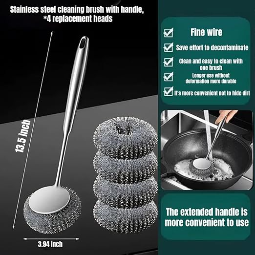 Steel Wool Scrubber with Handle: 7Pcs Stainless Steel Scrubber Brush Set – 1 Long Brushes,1 Short Brushes,4 Replaceable Pads,1 Screwdriver for Home Cooks,BBQ Enthusiasts,Anti-Scratch,for Kitchen