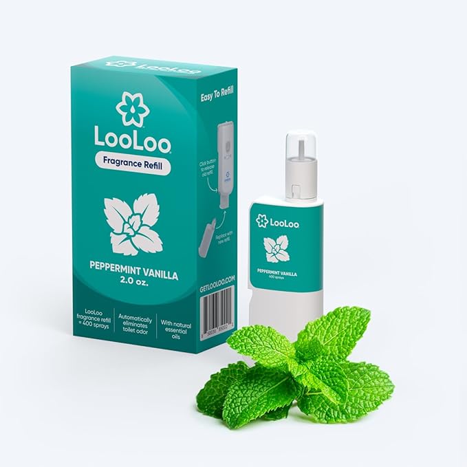 LooLoo Touch-Free Toilet Freshener Fragrance Refills- Natural Essential Oils - Toilet Smell Eliminator, Bathroom Deodorizer, Air Freshener Spray For Bathroom - Peppermint Vanilla Fragrance 2.0 Fl Oz