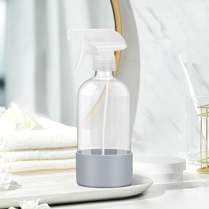 Glass Spray Bottles with Silicone Sleeve Protection, Empty 16 oz Refillable Containers, Reusable Spray Bottles with Adjustable Nozzle for Hair, Cleaning Solutions, Essential Oils 1 Pack Grey