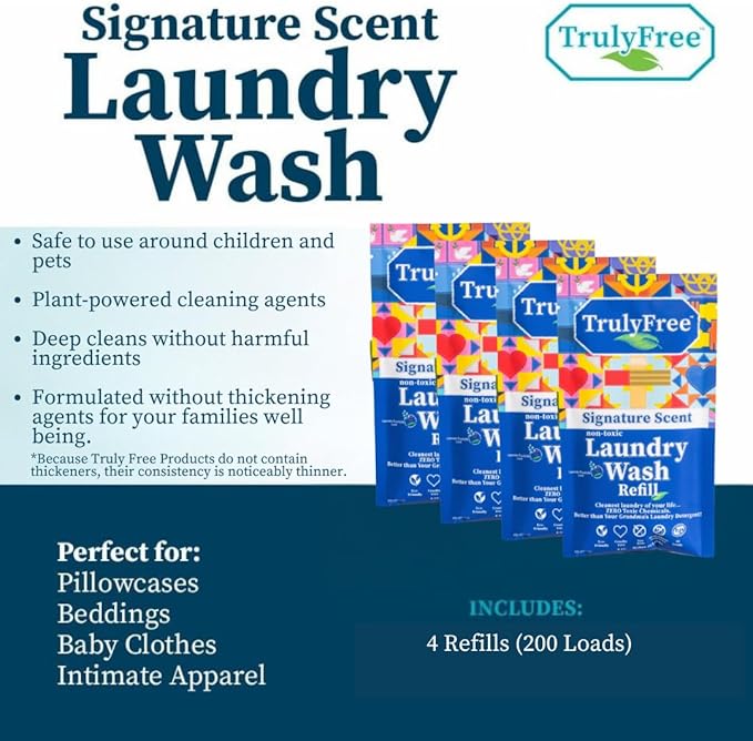 Truly Free Natural Laundry Detergent for Sensitive Skin | Eco Friendly, Plant Based, Baby Clothes Safe | Clean & Easy Powder to Liquid, 4 Pack Refill Detergent, NO Jug | Signature Scent, 200 Loads