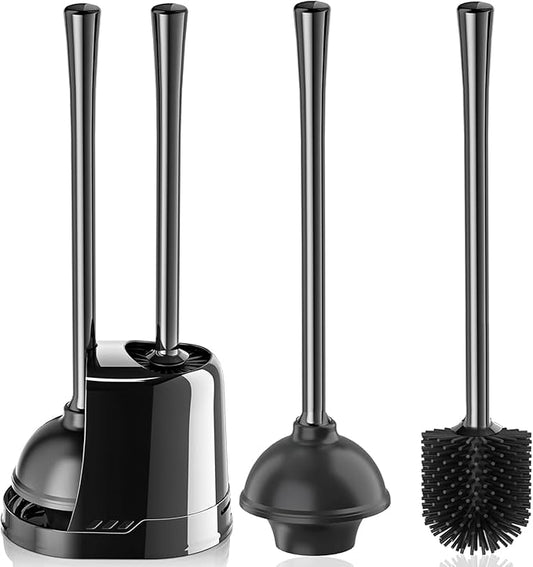 Toilet Plunger and Brush, Silicone Bowl Brush and Heavy Duty Toilet Plunger Set with Ventilated Holder, 2-in-1 Toilet Brush and Plunger Combo for 5.3-inch Toilet Drain Bathroom Cleaning