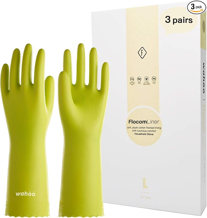 wahoo 3 Pairs Skin-Friendly Cleaning Gloves, Cotton Flocked Lined Dishwashing Gloves, Reusable, Non-Slip, Waterproof, Bud Tender, Small