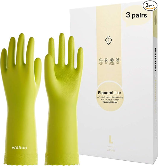 wahoo 3 Pairs Skin-Friendly Cleaning Gloves, Cotton Flocked Lined Dishwashing Gloves, Reusable, Non-Slip, Waterproof, Bud Tender, Small