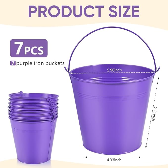 OBTANIM 7 Pack Purple Metal Buckets with Handle Galvanized Ice Pails for Plants, Succulents, Party Favors Organizing, Rustic Home Decor or Classrooms Pencil Storage (6 x 4.4 inch)