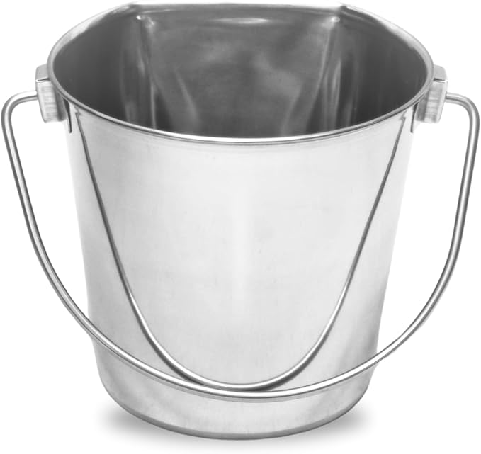 9 Quart Stainless Steel Flat Side Bucket | Durable Heavy Duty Food & Water Feeding Pails for Dog Goat Sheep horse | Fits kennels Cage Critter Crates Hanging Pet Pail | Multipurpose Bucket