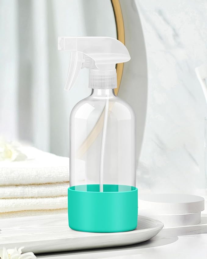 Glass Spray Bottles with Silicone Sleeve Protection, Empty 16OZ Reusable Spray Bottles, Refillable Containers with Spray Nozzles for Cleaning Solutions, Plants and Essential Oils 1 Pack Green