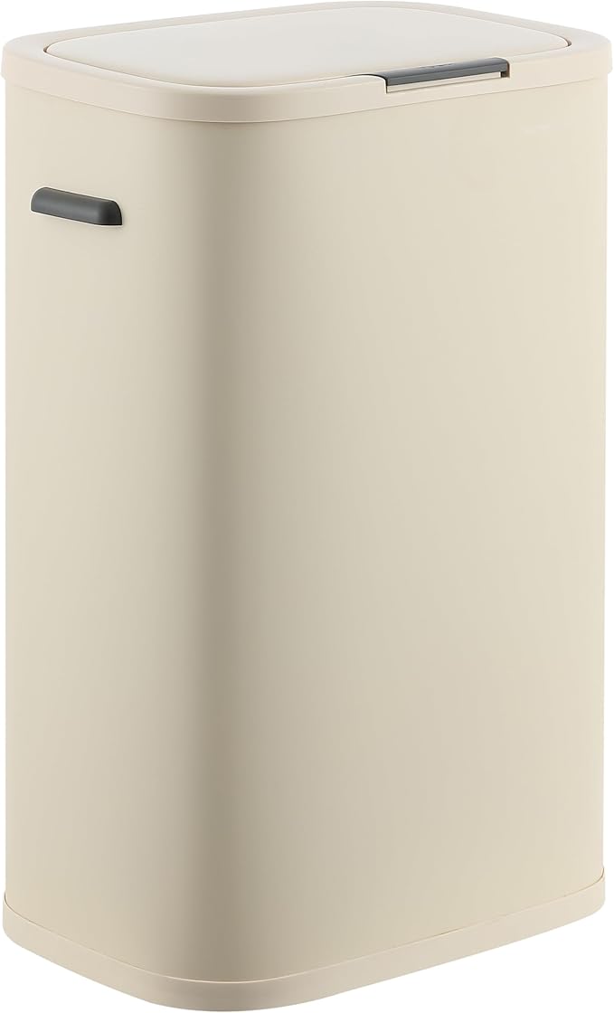 happimess HPM1017D Tammi Kitchen 14.5-Gallon Slim Metal Push Button Trash Can, Fingerprint Resistant, Modern, Minimalistic for Home, Kitchen, Laundry Room, Office, Bedroom, Bathroom, Limestone Beige