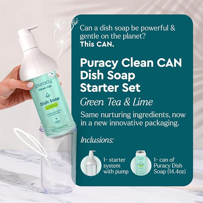 Puracy Natural Dish Soap Clean Can Starter Set - Plant-Based Dishwashing Soap, Non-Toxic Dish Soap, Natural Liquid Dishwashing Detergent Soap As Seen on TikTok (Green Tea & Lime, 14.4 fl oz)