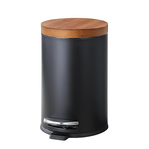 SunnyPoint Elite Bamboo Lid 4.5 Liter / 1.2 Gallon Round Trash Can with Plastic Inner Bucket; Bathroom, Office, Kitchen and Bedroom Step On and Slow Close (Black)