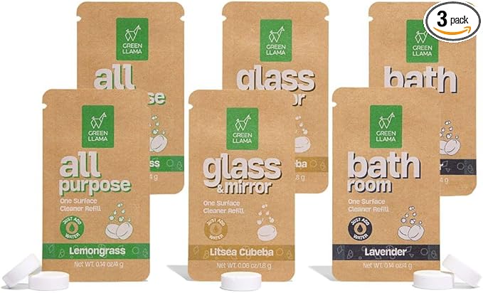 Green Llama Eco-Friendly Cleaning Tablet Variety Pack - Multi-Surface, Glass & Bathroom Cleaner Refills, Compostable, Plant-Based, Family & Pet Safe - Sample Pack with 6 Tablets