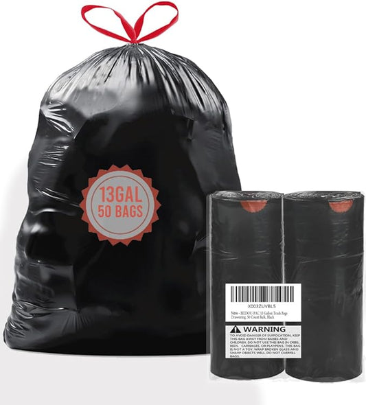 13 Gallon Trash Bags Drawstring, 50 Count Bulk, Black & Unscented Garbage Bags, Multi-purpose Tall Kitchen Trash Bags Can Liners for Business Home Commercial and Industrial