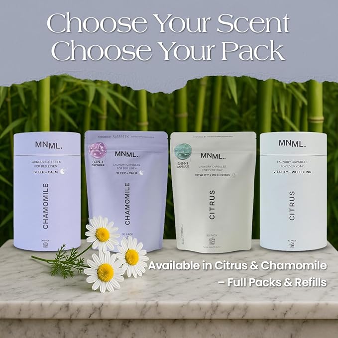 MNML Chamomile Laundry Pods designed for Sleep & Calm, Eco-Friendly Natural Laundry Detergent Pods for Sensitive Skin. No Plastic, Natural Bio-Enzymes, Luxury Fragrance, 30ct Capsules, Refill Bag