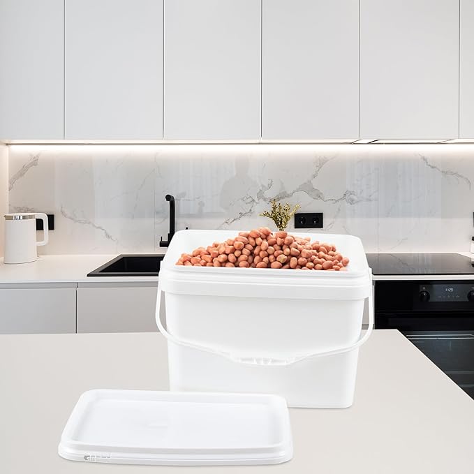 Kekow 5 Gallon White Square Food Plastic Bucket with Lid, 4 Pcs Utility Plastic Rectangular Bucket Pail with Lid and Handle