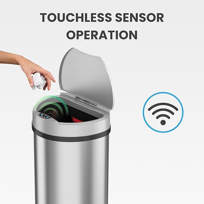 iTouchless 50 Liter / 13 Gallon Kitchen Trash Can with Lid & Odor Filter – Motion Sensor Semi-Round Stainless Steel Garbage Bin for Home, Office, or Garage – Slim, Wide Opening Large Capacity Design