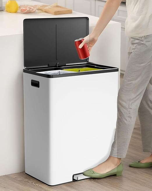 Garvee Dual Trash Can for Recycling and Trash, 2 x 30 L (60 L) Stainless Steel Kitchen Trash Can with Lid and Foot Pedal, Double Compartment Garbage Can, with Recycling Bin, 2 x 8 Gallon